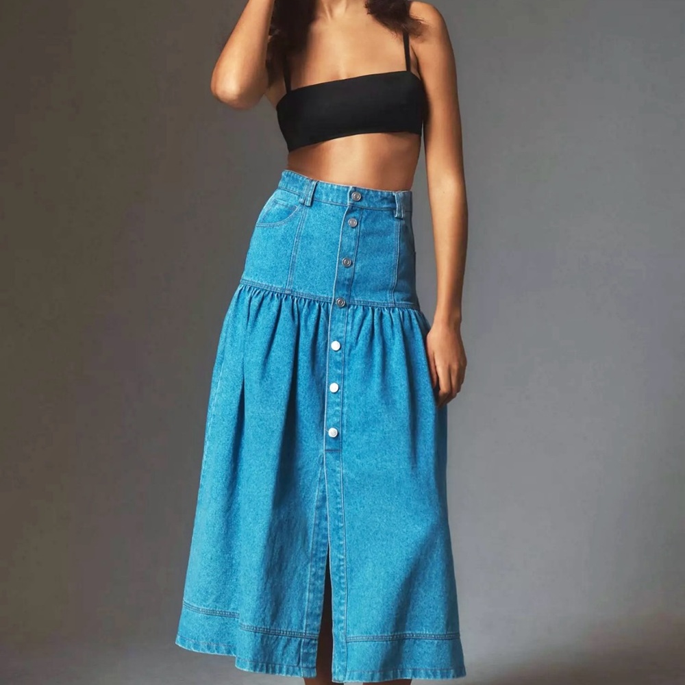 Anthropologie Moon River Basque-Waist Denim Midi Skirt